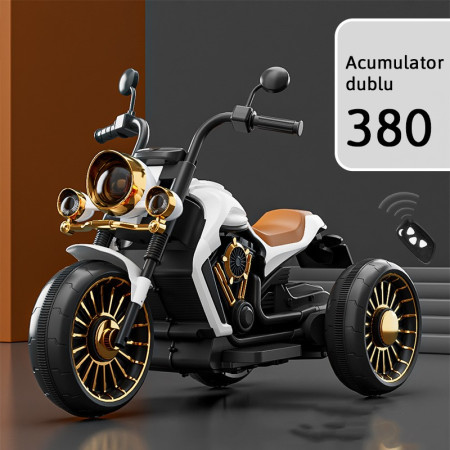 Tricicleta Electrica pentru Copii, Cyrax, cu 2 Acumulatoare 380*2, 6V 4.5, Telecomanda, Bluetooth, Sistem Anti-Rasturnare, Sistem de Lumini si Sunet, 6-8 Ani, 93 x 48 x 63 cm, Alb Negru