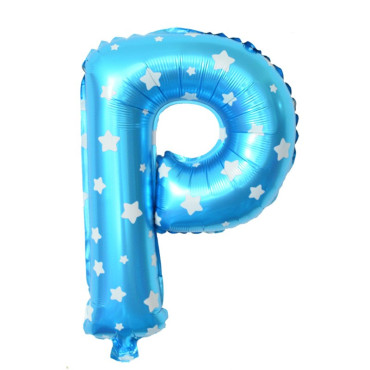 Balon Folie Metalizata Litera P, Cyrax, 40 cm, Cu Imprimeu Stelute, Umflati cu Heliu sau Aer, Ambalaj Individual, Pai inclus, Albastru