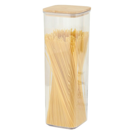 Cutie de Depozitare Alimente, Cyrax, Cutie de tip Container, Cutie pentru Cereale, din Plastic, Capac din Bambuc, 10 x 10 x 30 cm, Volum 1.9 l, Transparent
