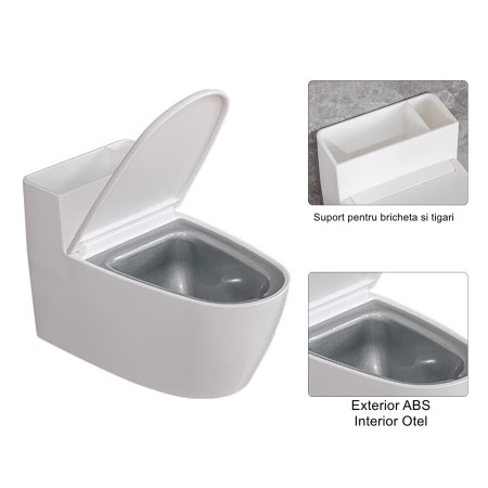 Scrumiera creativa  Forma de Toaleta, Capac Alb , Material ABS si Otel Inoxidabil, 12.5 x 9.8 x 8.4 cm, Fixare prin Lipire sau De Sine Statator, pentru Baie, Camera, Bucatarie, Balcon, Alb