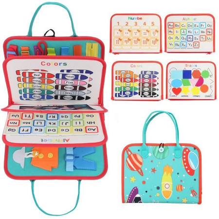 Carte Senzoriala Educativa Montessori, Cyrax, cu Activitati, Dezvoltare Abilitati Motorii, 4 Pagini, Model Spatiu Cosmic, 28x22x7 cm, Albastru