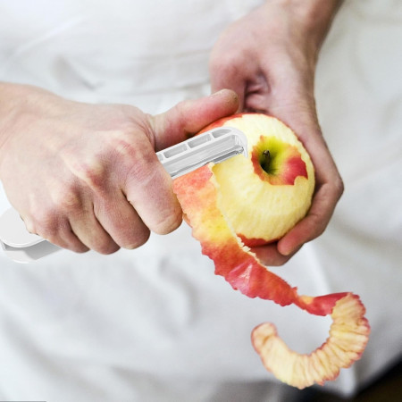 Peeler pentru Legume si Fructe, Cyrax, 3.6 x 9.1 cm, Multifunctional, Curatator Pliabil, din ABS si Otel Inoxidabil, Alb