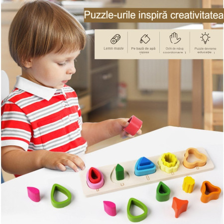 Jucarie Montessori din Lemn, Cyrax, Tip Puzzle, cu 5 Forme Asimetrice, 15 Piese, Educativa, Interactiva, Creativa, Model Copaci, Materiale Non Toxice, +2 Ani, 29x6.5 cm, Multicolor