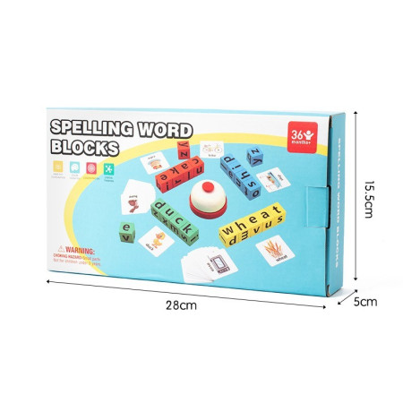 Joc cu Blocuri din Lemn, Cyrax, Formare Cuvinte, Cartonase cu Obiecte si Animale, Clopotel, Joc pentru 4 Persoane, 3 Ani+, 28x15.5x5 cm, Multicolor