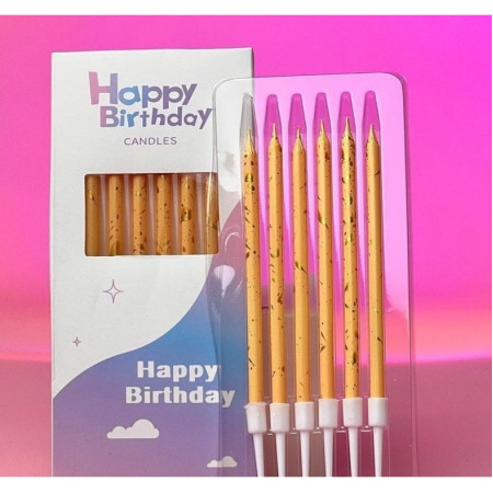 Set 6 Lumanari Lungi, Cyrax, din Parafina, 10 x 0.5 cm, Happy Birthday, Bej