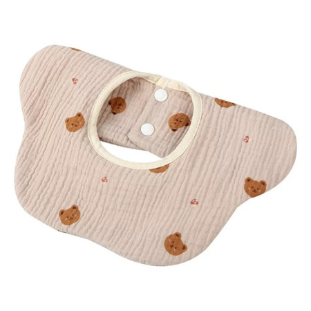 Baveta Tip Floare, Cyrax, din Bumbac, pentru Copii 0-12 Luni, Rezistenta la apa, cu Capse, Model cu Ursuleti, 26 x 29 cm, Crem