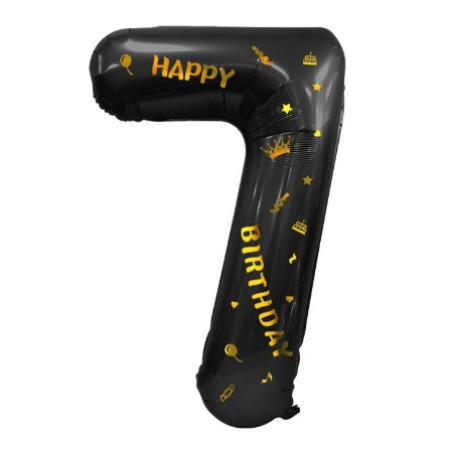 Balon din Folie Metalizata Cyrax, Figurina Cifra, Scris Happy Birthday, Tema Aniversare 100 cm, Ambalaj Individual, Pai inclus, Umflare cu Aer sau Heliu, Negru, Cifra 7