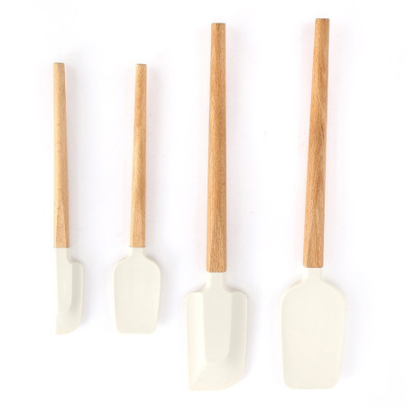 Ustensile de Bucatarie, Cyrax, Set din 4 bucati, din Silicon si Lemn, Spatule de Diferite Dimensiuni, Termo rezistente, Antiaderente, Instrument de Amestecat in Bucatarie, Alb-Maro
