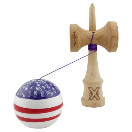 Kendama X CHICANOS Originala, Profesionala, Cyrax, Big Cups V2, Super Sticky cu Cupe Mari, Rulment Metalic, din lemn 18 cm, Ata 55 cm, Violet/Alb