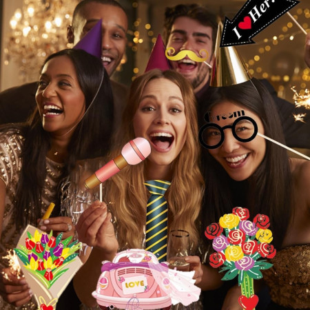 Set 60 de Accesorii pentru Petrecere, Cyrax, Tematica Nunta, Props pentru Coltul de Poze, Ochelari, Palarii, Mustata, Cravata, pentru Evenimente, Multicolor