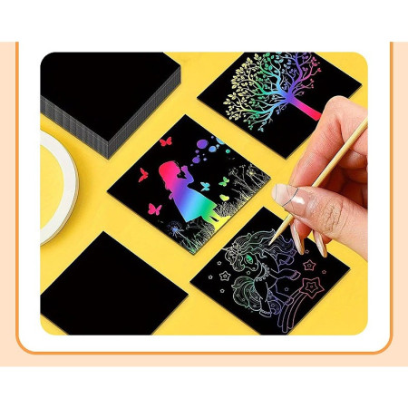 Set 100 de Foi de Hartie de Razuit, Cyrax, cu Creion din Bambus, pentru Desen, 8.5 x 8.5, Curcubeu, Negru