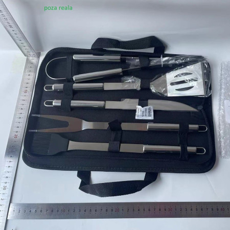 Set 5 Ustensile pentru Gratar, Cyrax, din Otel Inoxidabil, Geanta Oxford, Argintiu