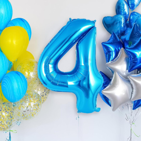Balon din Folie Metalizata, Cyrax, Figurina Cifra, Tema Aniversare 100 cm, Ambalaj Individual, Pai inclus, Umflare cu Aer sau Heliu, Albastru, Cifra 4