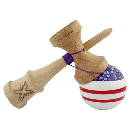 Kendama X CHICANOS Originala, Profesionala, Cyrax, Big Cups V2, Super Sticky cu Cupe Mari, Rulment Metalic, din lemn 18 cm, Ata 55 cm, Violet/Alb