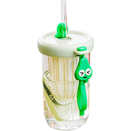 Pahar din silicon, cu capac si pai, pentru copii, Cyrax, anti-cadere, compartiment pentru fructe/ceai/gheata, rezistent la temperaturi inalte, 500ml, Verde, 14.5x8.8x20 cm