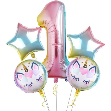 Balon din Folie Metalizata, Cyrax, Mini Figurina Rotunda, Model Unicorn, Happy Birthday, Tematica Aniversare, 45 cm, Ambalaj Individual, Pai Inclus, Umflare cu Aer sau Heliu, Multicolor