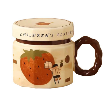 Cana din ceramica, Cyrax, Cana pentru Cafea, Ceai, Cana Universala, Unisex, Cana cu Capac, 9 x 8 x 8 cm, 400 ml, Model Capsuna, Bej