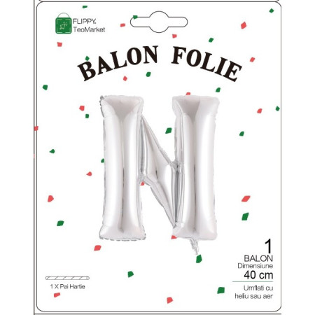 Balon Folie Metalizata Litera N, Cyrax, 40 cm, Umflati cu Heliu sau Aer, Ambalaj Individual, Pai inclus, Argintiu