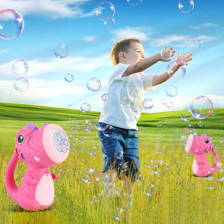 Jucarie Interactiva pentru Baloane de Sapun, Cyrax, Sunete si Lumini, Model Dinozaur, cu 8 Orificii, 15 x 8.5 x 18.5, Roz