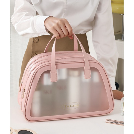 Geanta Cosmetice de Voiaj, Cyrax, Dubla Compartimentare, Impermeabila, Translucida Mata, 35 x 22 x 15 cm, Roz