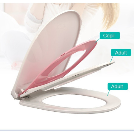 Capac de Toaleta cu Reductie 3 in 1, Cyrax, pentru Copii +3 Ani si Adulti, Coborare Lenta si Silentioasa, Instalare Usoara, din PP5 , in Forma de V, Alb/Roz