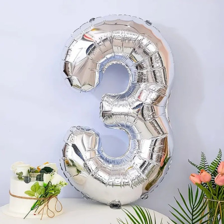 Balon din Folie Cyrax, Cifra 3, 81 cm, Pentru Aer sau Heliu, Bulk, Argintiu