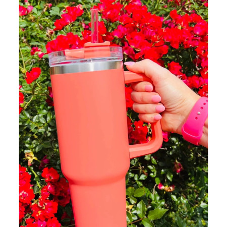 Cana Termos din Plastic, Cyrax, pentru Bauturi Calde si Reci, cu Maner, 9.9x9.9x27 cm, Portocaliu