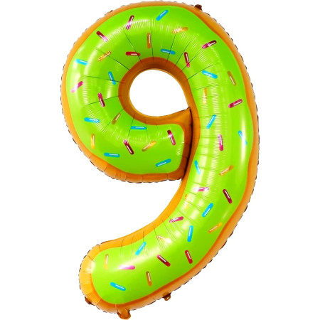 Balon din Folie Metalizata Cyrax, Figurina Cifra, Imprimeu Gogosi, Tema Aniversare 100 cm, Ambalaj Individual, Pai inclus, Umflare cu Aer sau Heliu, Multicolor, Cifra 9