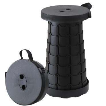 Scaun Telescopic Pliabil pentru Camping si Pescuit,  Portabil, Universal, Sustine 150 kg, ABS, Diametru 25 cm, Extensibil, Inaltime 45 cm, Negru