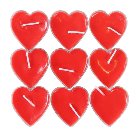 Set 9 Lumanari in Forma de Inima,  pentru Ziua Indragostitilor, Aroma de Capsuni, Ardere 3.5 h, din Parafina, 4 x 2 cm, Rosu