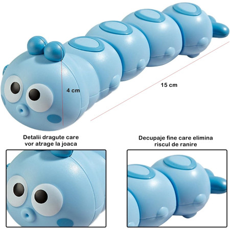 Jucarie mecanica pentru copii Cyrax, omida haioasa, material ABS, cu cheita, distractiva, se taraste, se misca, 15 x 4 cm, albastru