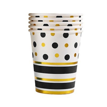 Set 10 Pahare, Cyrax, Imprimeu cu Buline si Dungi, din Carton, 250 ml, 7.5 x 8.5 x 5.2 cm, Negru/Auriu