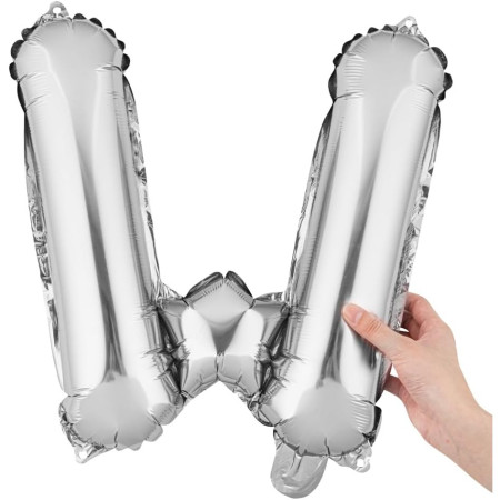 Balon Folie Metalizata Litera W, Cyrax, 40 cm, Umflati cu Heliu sau Aer, Ambalaj Individual, Pai inclus, Argintiu