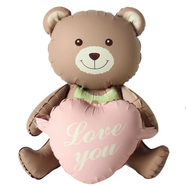 Balon din Folie Metalizata, Cyrax, Figurina Animata, Model Ursulet cu Inimioare, 105.5 x 66.5 cm, Ambalaj Individual, Pai Inclus, Umflare cu Aer sau Heliu, Maro