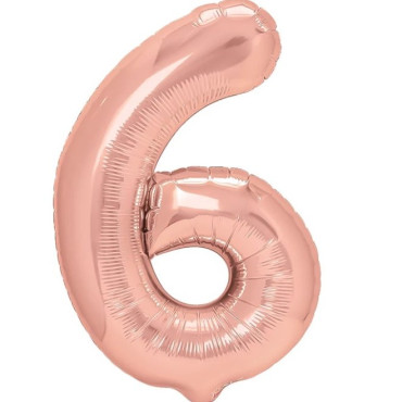 Balon din Folie Metalizata Cyrax, Figurina Cifra, Tema Aniversare 40 cm, Ambalaj Individual, Pai inclus, Umflare cu Aer sau Heliu, Roz Gold, Cifra 6