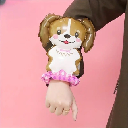 Balon din Folie Metalizata, Cyrax, Figurine Animalute, Tip Bratara, Model Catel, 13 x 35 cm, Ambalaj Individual, Pai Inclus, Umflare cu Aer sau Heliu, Maro