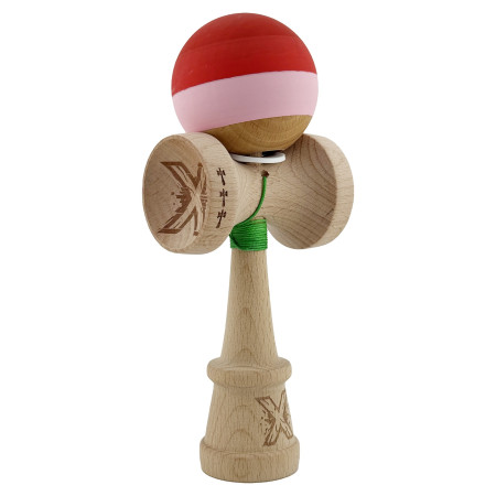 Kendama X Originala, Profesionala, Cyrax, Rubber Grip, Cupe Mari KING SIZE V3, Gaura in Baza, Rulment Metalic, din lemn 18 cm, Ata 62/65 cm, Special Rosu/Roz/Maro