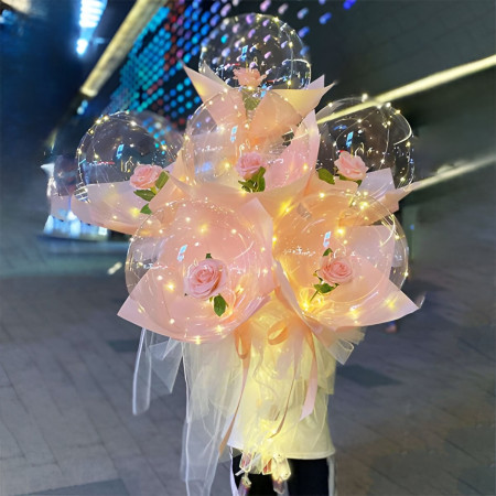 Trandafir in Balon LED cu Lumini, Cyrax, Tip Buchet, Diametru 35 cm, Roz