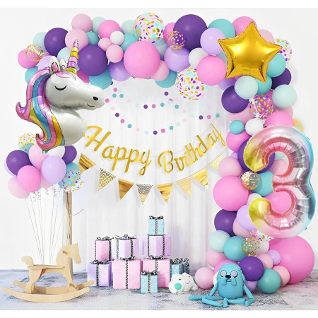 Balon din Folie Metalizata, Cyrax, Mini Figurine, Model Unicorn, Tematica Aniversare, 115x76 cm, Ambalaj Individual, Pai Inclus, Umflare cu Aer sau Heliu, Multicolor