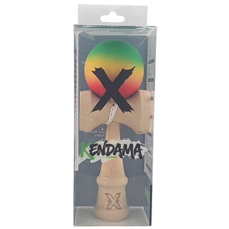 Kendama X Originala, Profesionala, Cyrax, din Lemn, Rubber Grip, 18 cm, Gradient Verde/Galben/Rosu