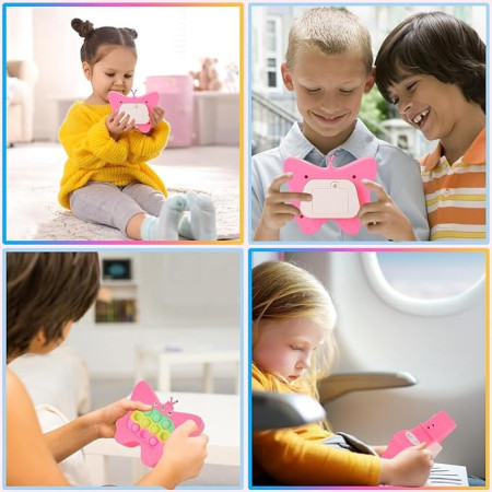 Jucarie Interactiva Tip Consola pentru Copii, Cyrax, Diferite Moduri de Joc, 120 Nivele, Material ABS/silicon, Sunete si Lumini, 12 x 5.5 x 13.5 cm, Model Fluture, Fucsia