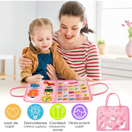 Carte Senzoriala Educativa Montessori, Cyrax, Dezvoltare Abilitati Motorii, 5 Pagini, Model Unicorni, 28x22x7 cm, Roz