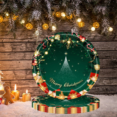 Set 16 Farfurii de Unica Folosinta, Cyrax, Model Brad de Craciun Merry Christmas, Tematica Craciun, 18 cm, Verde