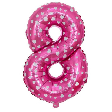 Balon din Folie Metalizata Cyrax, Figurina Cifra, Imprimeu Inimi, Tema Aniversare 80 cm, Ambalaj Individual, Pai inclus, Umflare cu Aer sau Heliu, Roz, Cifra 8