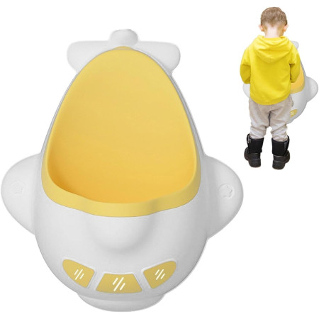 Pisoar pentru Baieti, Cyrax, 0-8 Ani, in Forma de Avion, Perie Inclusa, Montare pe Perete, Carlig Autoadeziv Inclus, 29 x 33.5 cm, Alb/Galben