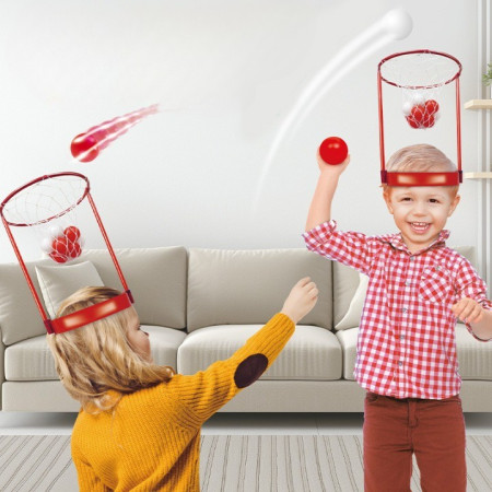 Set Interactiv pentru Copii, Cyrax, Joc cu Doua Cosuri de Baschet de Pus pe Cap, Joc Dublu, 20 de Mingi Albe si Rosii, Multicolor