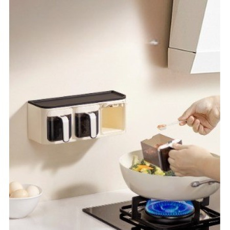 Cutie de Depozitare a Condimentelor, Cyrax, de Uz Casnic, Montare pe Perete, 3 Compartimente, 25.8 x 13.6 x 10.5cm, Alb-Negru