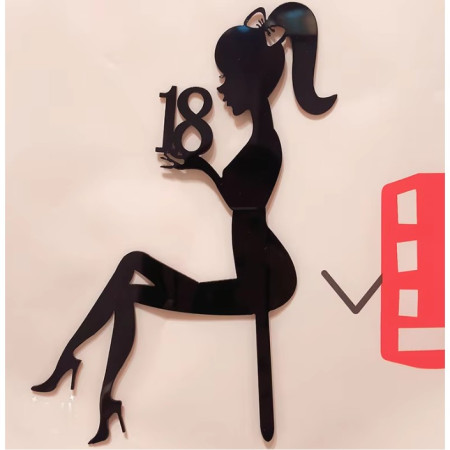 Decoratiune Topper pentru Tort, Cyrax, Model Fata 18 Ani, Dimensiuni 16x11.5 cm, Tematica Majorat, Negru