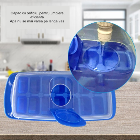 Forma pentru cuburi de gheata Cyrax, 14 cuburi, reutilizabil, plastic alimentar, cu capac, orificiu umplere, dreptunghiulara, 29.5 x 12.5 x4 cm, albastru