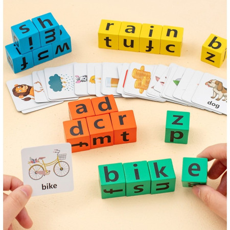 Joc cu Blocuri din Lemn, Cyrax, Formare Cuvinte, Cartonase cu Obiecte si Animale, Clopotel, Joc pentru 4 Persoane, 3 Ani+, 28x15.5x5 cm, Multicolor